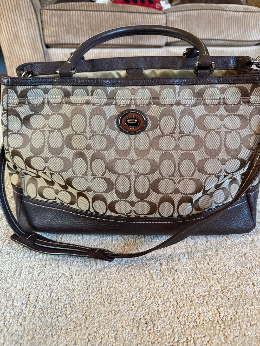 Coach Park Signature Large Carryall - Khaki Jacquard with Mahogany leather trim